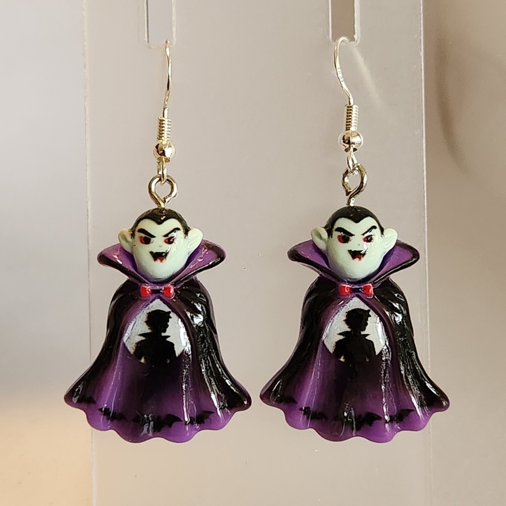 Vampire Count Dracula Halloween Dangle Earrings Purple Black Gothic Resin Hook - Picture 3 of 5
